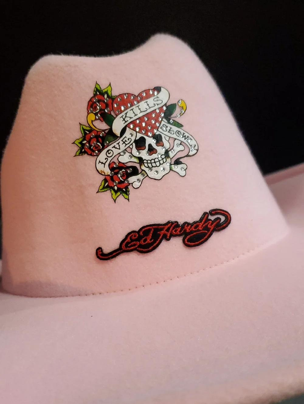 Ed Hardy‎ pink love kills slowly inscripted crystal studded western cowboy hat